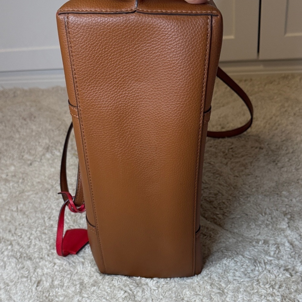 Tory Burch Perry Triple Compartment Tan Leather Tote with Red Accent - Picture 5 of 16